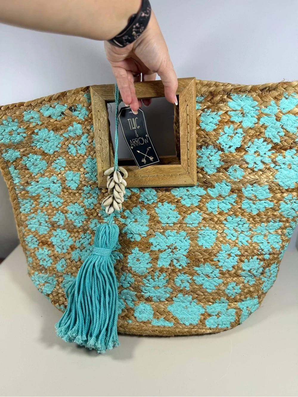 Turquoise Patterned Straw Tote with Tassel